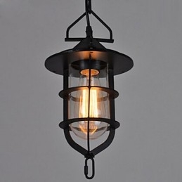 Medium Vintage Svart Burformet Anhengslampe I Glass Og Metall Med Deksel