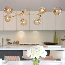 Moderne, Samtidskunstnerisk Lysekrone Med 7 Lys, Skjerm Og Lampe I Klart Glass