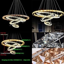 Moderne Krystall Pendellampe I Tak Med 4 Ringer, Stor Ring, Ravkrystall Og Annen Klar Krystall