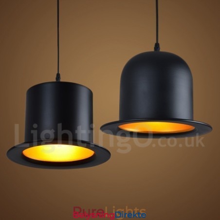 Retro Vintage Pendellampe I Svart Metall Med Hattform Og 1 Lys