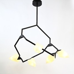 Fem-Lys Postmoderne Metall- Og Glasslysekronelampe I Ferskenfarget Farge, Canteen Decorate-Pendellampe