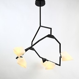 Fem-Lys Postmoderne Metall- Og Glasslysekronelampe I Ferskenfarget Farge, Canteen Decorate-Pendellampe