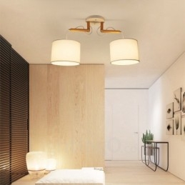 Moderne Og Moderne Pendellampe I Tre Med 2 Lys Og Stoffskjerm
