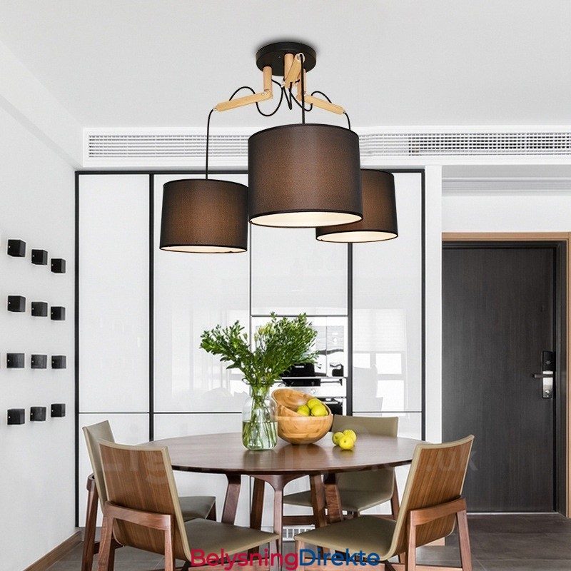 Moderne Og Moderne Pendellampe I Tre Med 3 Lys Og Stoffskjerm