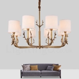 Rustic Lodge 8-Lyss Messinglysekrone Med Stoffskjerm