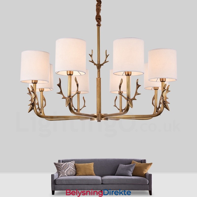 Rustic Lodge 8-Lyss Messinglysekrone Med Stoffskjerm