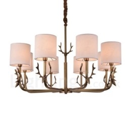 Rustic Lodge 8-Lyss Messinglysekrone Med Stoffskjerm