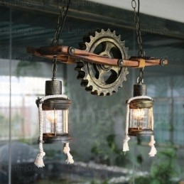 Landlig Rustikk Vintage Retro Pendellampe Med 2 Lys Og Glassskjerm