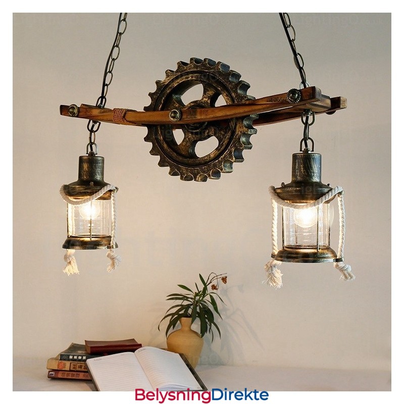 Landlig Rustikk Vintage Retro Pendellampe Med 2 Lys Og Glassskjerm