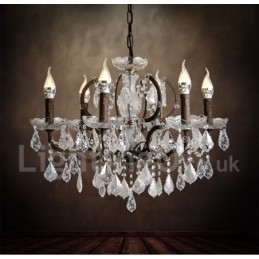 6 Lys I Diameter 60 Cm Vintage Krystallmaling Metalllysekrone Rusten Jernfarget Anhengslampe