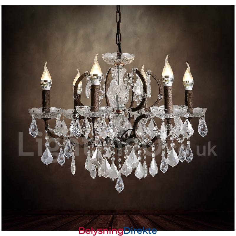 6 Lys I Diameter 60 Cm Vintage Krystallmaling Metalllysekrone Rusten Jernfarget Anhengslampe