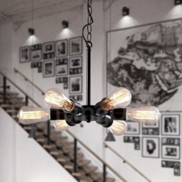 Rustikk Retro Vintage Pendellampe Med 6 Lys I Svart Design