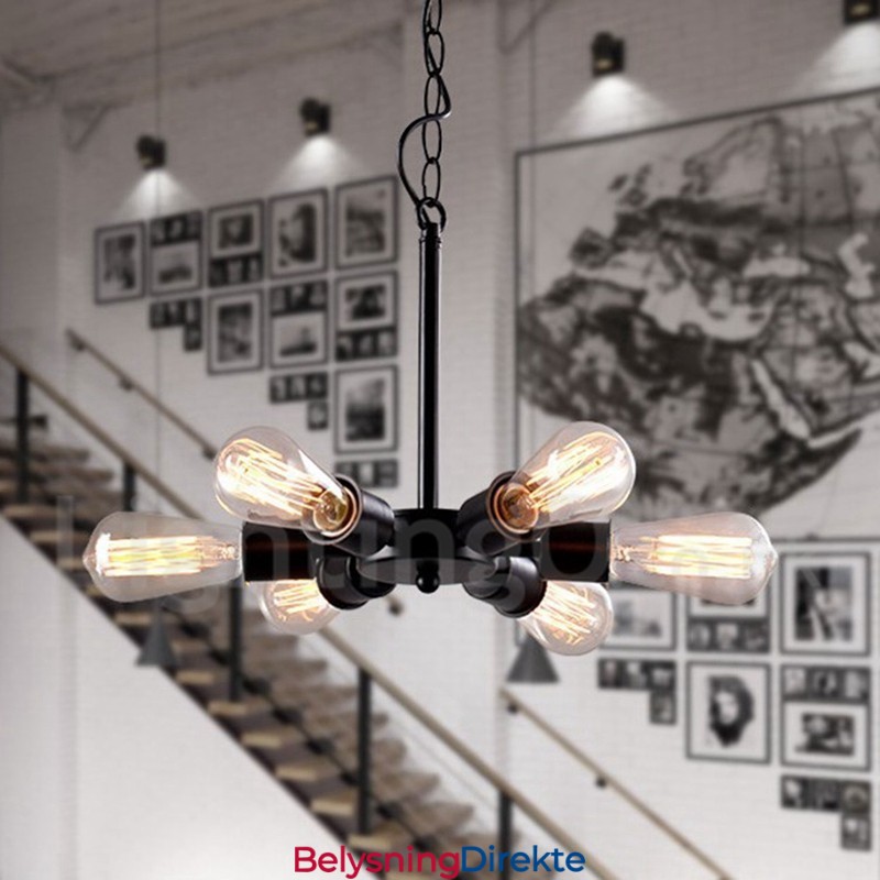 Rustikk Retro Vintage Pendellampe Med 6 Lys I Svart Design