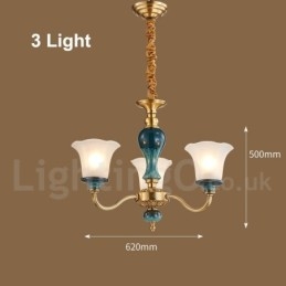 Retro Vintage Messing Keramikk Anhengslys Lysekrone Med Glassskjermer