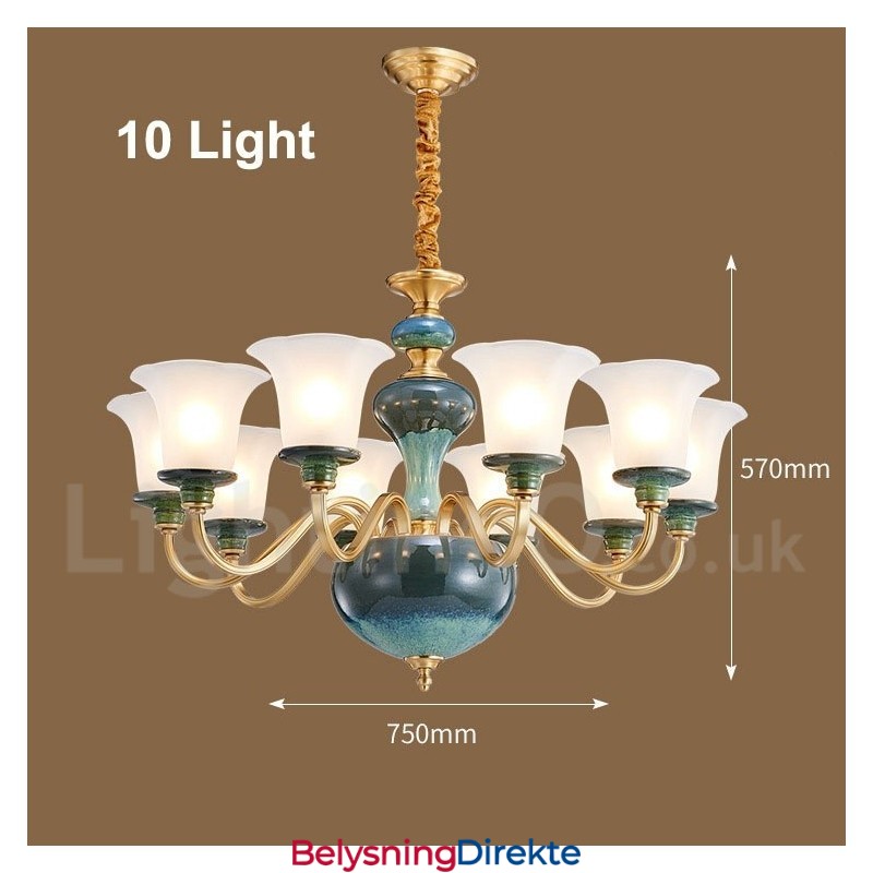 Retro Vintage Messing Keramikk Anhengslys Lysekrone Med Glassskjermer