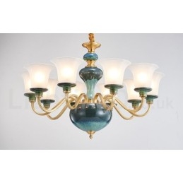Retro Vintage Messing Keramikk Anhengslys Lysekrone Med Glassskjermer
