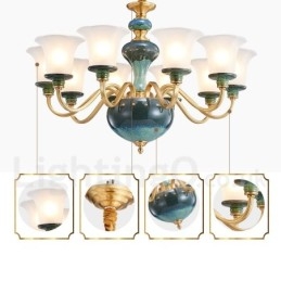 Retro Vintage Messing Keramikk Anhengslys Lysekrone Med Glassskjermer