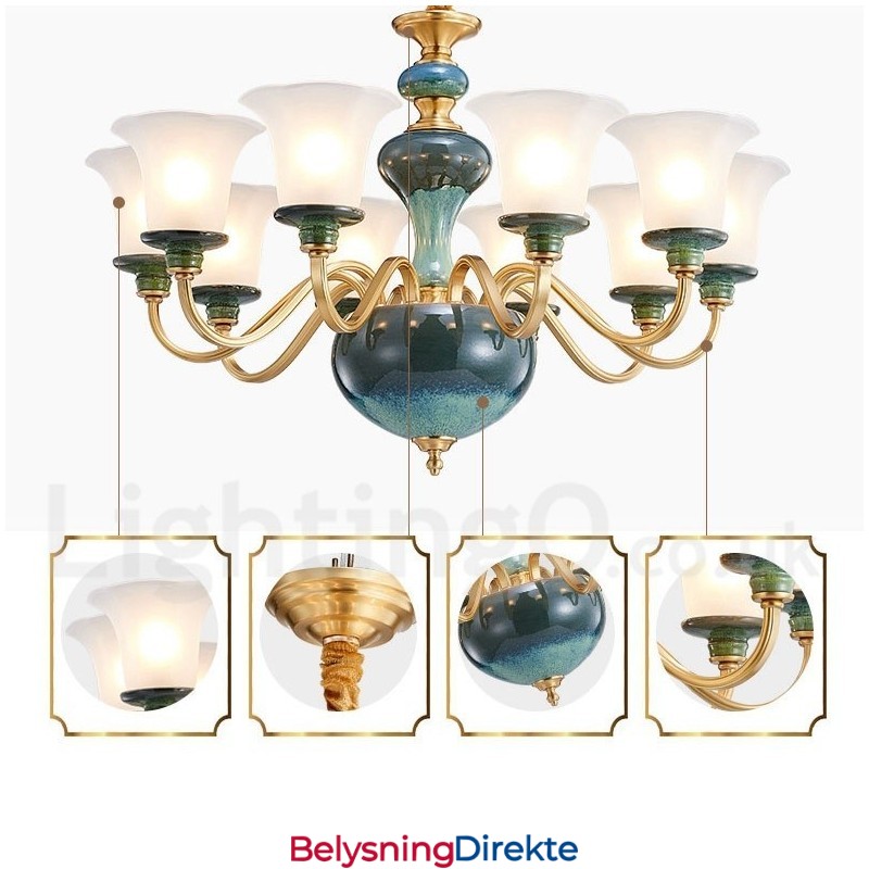 Retro Vintage Messing Keramikk Anhengslys Lysekrone Med Glassskjermer