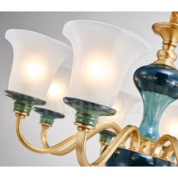 Retro Vintage Messing Keramikk Anhengslys Lysekrone Med Glassskjermer