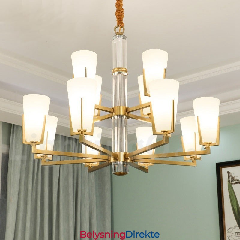 Retro Vintage Messingkrystaller Anhengslys Lysekrone Med Glassskjermer