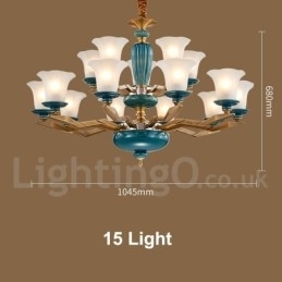 Retro Vintage Messing Keramikk Anhengslys Lysekrone Med Glassskjermer
