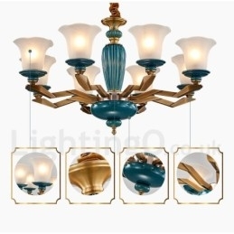 Retro Vintage Messing Keramikk Anhengslys Lysekrone Med Glassskjermer