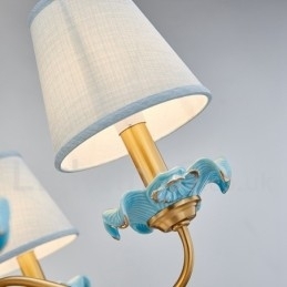 Retro Vintage Messing Keramikk Anhengslys Lysekrone Med Blå Stoffskjermer