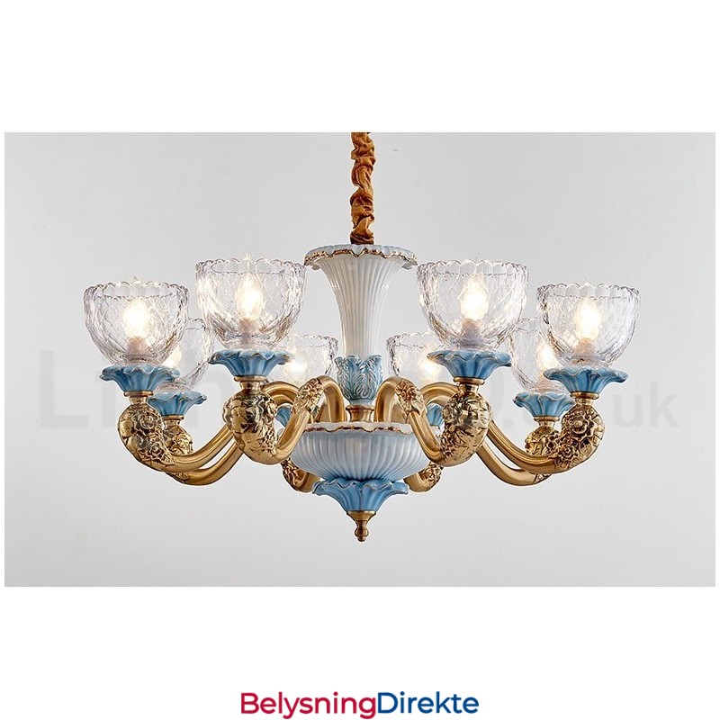 Retro Vintage Messing Keramikk Anhengslys Lysekrone Med Glassskjermer