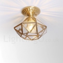 Rustikk Taklampe I Nordisk Stil I Ren Messing Med Glassskjerm