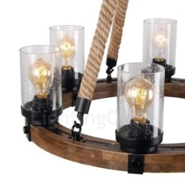 Vintage Lysekrone I Tre Med 6 Lysringer, Industriell Vind-Loft-Tre, Lineær Pendellampe