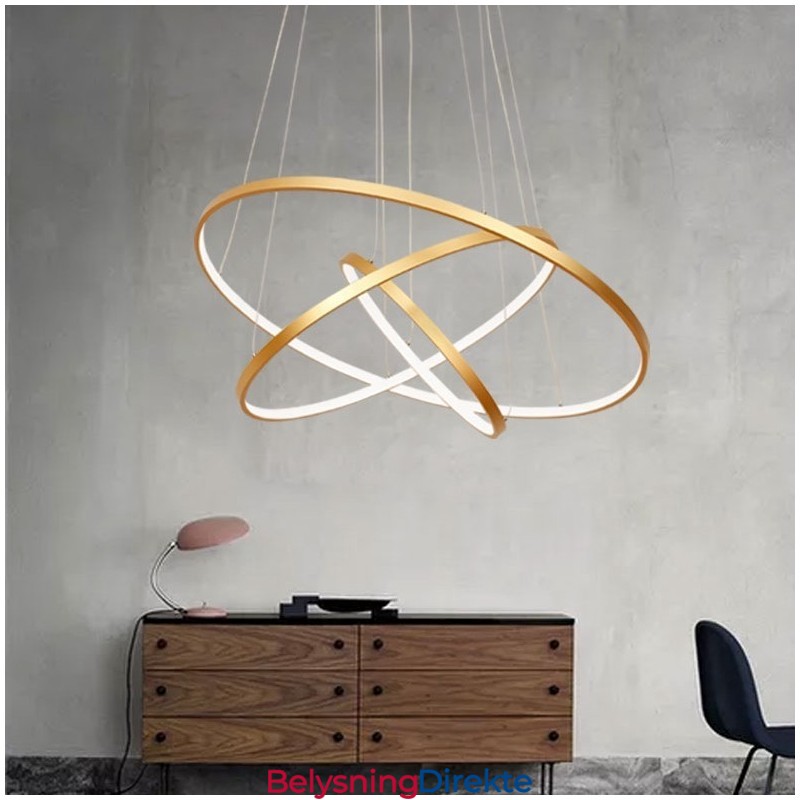 Dimbar Pendellampe Med Fjernkontroll, Gullfarget, Moderne Design, Tre Ringer