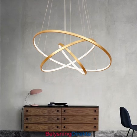Dimbar Pendellampe Med Fjernkontroll, Gullfarget, Moderne Design, Tre Ringer