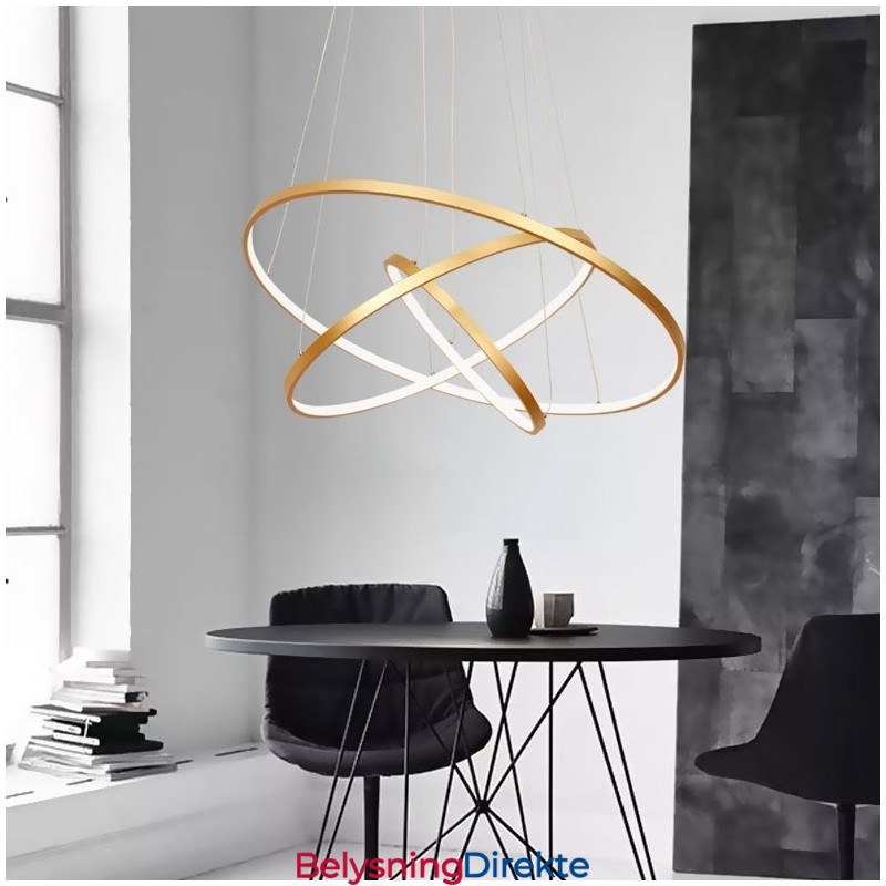 Dimbar Pendellampe Med Fjernkontroll, Gullfarget, Moderne Design, Tre Ringer