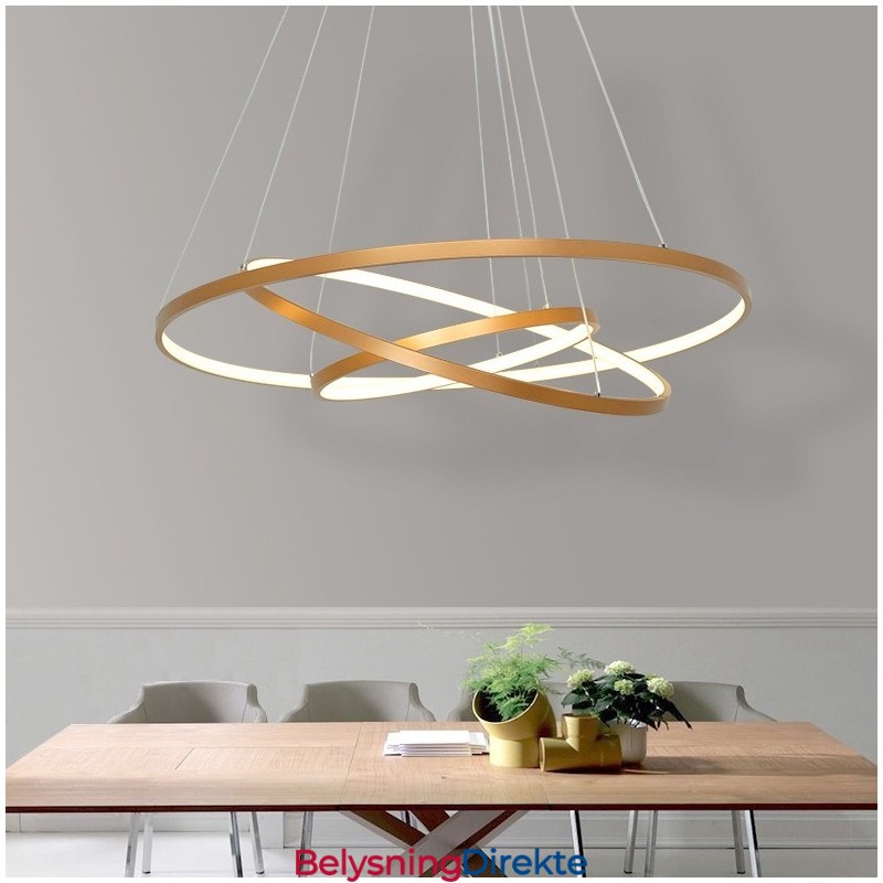 Dimbar Pendellampe Med Fjernkontroll, Gullfarget, Moderne Design, Tre Ringer