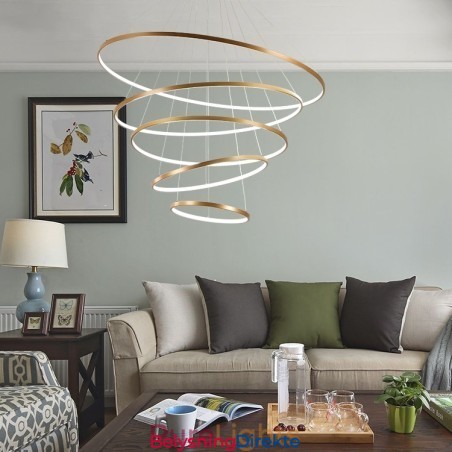 Stor Pendellampe Med 4 Ringer Og 5 Ringer I Svart Og Hvitt Gull, Moderne Design