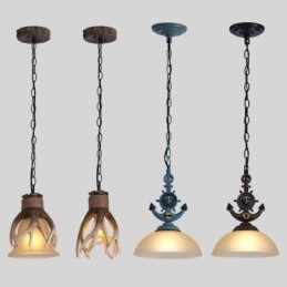 En Lyseblå Rustikk Kunstnerisk Retro Antikk Pendellampe Med Glassskjerm