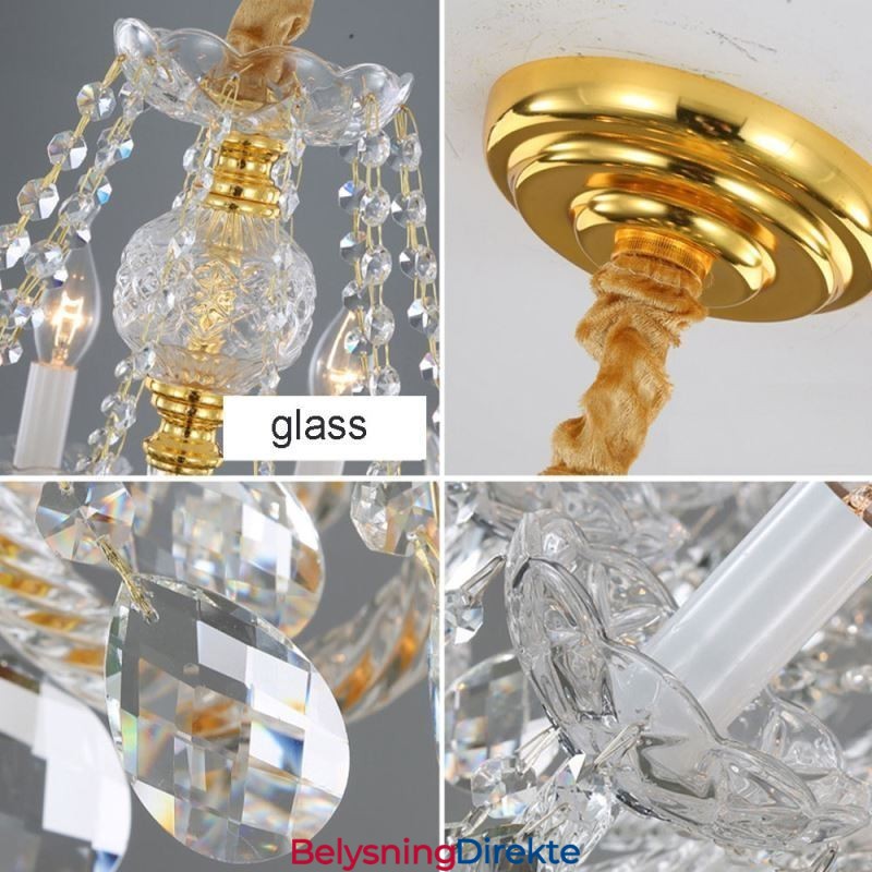 Europeisk Klar Krystalllysekrone I Glass, Lampehus, 8 Lys, Gullfarget Taklampe