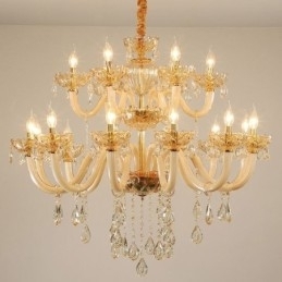 Elegant Krystalllysekrone I Europeisk Konjakkfarget Taklampe I Glass Med Dobbelt Lag, 12+6 Lys