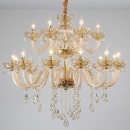 Elegant Krystalllysekrone I Europeisk Konjakkfarget Taklampe I Glass Med Dobbelt Lag, 12+6 Lys