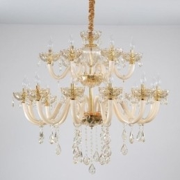 Elegant Krystalllysekrone I Europeisk Konjakkfarget Taklampe I Glass Med Dobbelt Lag, 12+6 Lys