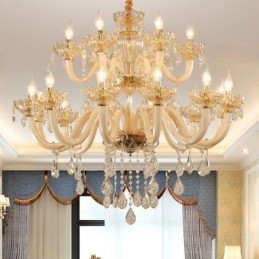 Elegant Krystalllysekrone I Europeisk Konjakkfarget Taklampe I Glass Med Dobbelt Lag, 12+6 Lys