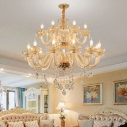 Elegant Krystalllysekrone I Europeisk Konjakkfarget Taklampe I Glass Med Dobbelt Lag, 12+6 Lys