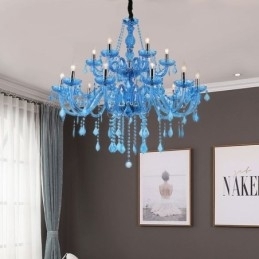 Stor Krystalllysekrone Europeisk Anhengslampe Lys Blå Farge Estetisk