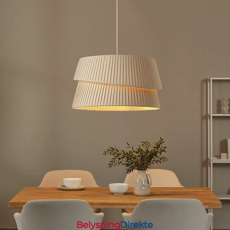 Pendellampe I Fransk Kremfarget Stil Med Dobbel Stoffskjerm Og Taklampe