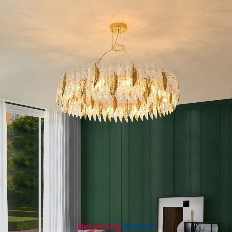 Kunstnerisk Glasslysekrone Med Fjærrund Taklampe
