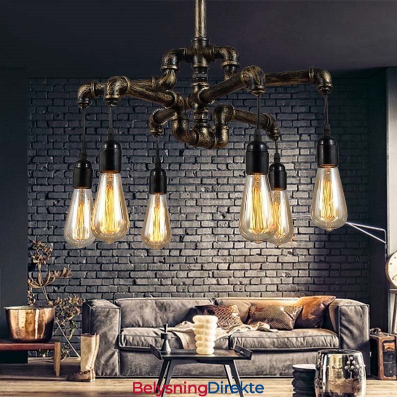 6 Lys Retro Industriell Vintage Vannrør Anhengslampe Lysekrone Landlig Rustikk Stil