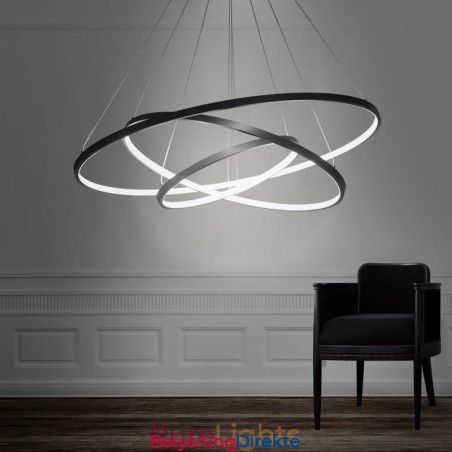 Moderne Pendellampe I Aluminium, Svart, Hengende Lampe Med 3 Ringer