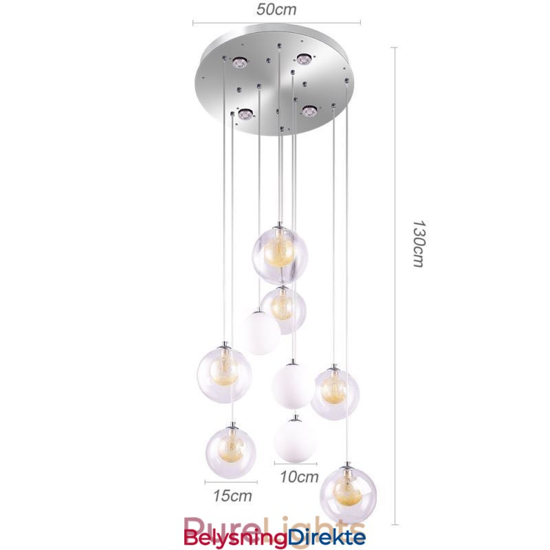 Pendellampe I Glass, Klyngeformet Taklampe, Gullnikkel, Børstet + Melkeaktig Glasskule