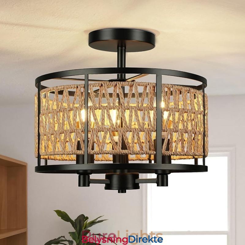 Retro Taklampe Svart Jernpapirsnor Taklampe 3 Lys