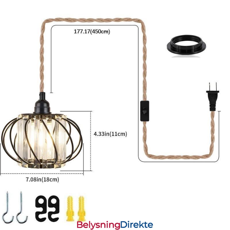 Retro Landlig Taklampe I Hamptau, Jern, Nattbordslampe Med Stikkontakt